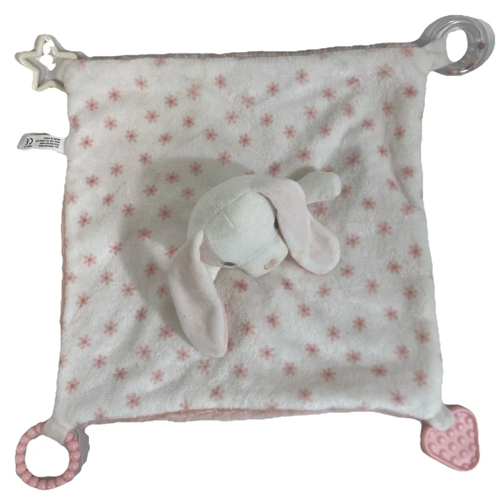DreamGro Super‎ Soft Plush White & Pink Bunny Activity Security Blanket Lovey